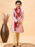 Boy's Pink & Gold-Colored Woven-Design Brocade Slim Fit Sherwani Set With Maroon Color Dupatta